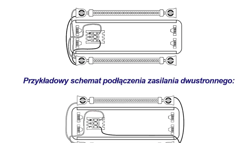 Schemat podłączenia zasilania jednostronnego i dwustronnego świetlówki.