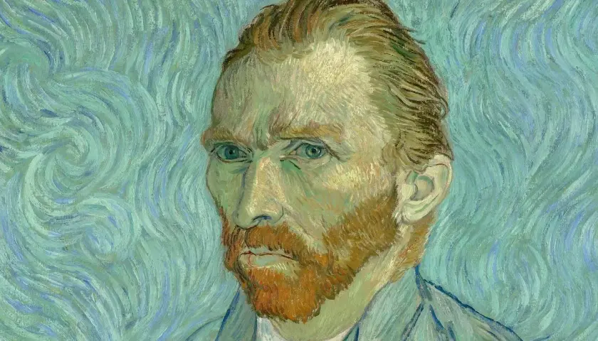 Portret Vincenta van Gogha z intensywnym spojrzeniem, na tle wirującego, błękitnego nieba.