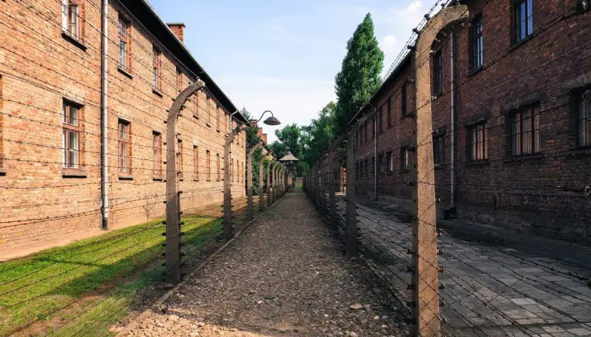 Ścieżka między ceglanymi budynkami obozu Auschwitz-Birkenau, otoczona drutem kolczastym. Miejsce to budzi refleksje, a państwowe muzeum Auschwitz-Birkenau w Oświęcimiu opinie zwiedzających odzwierciedlają jego wagę.