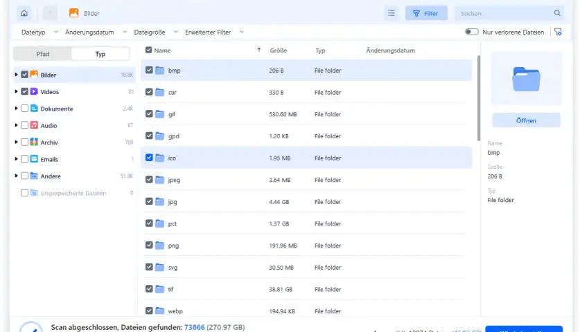 EaseUS Data Recovery Wizard zeigt Ordner mit Bilddateitypen an, nachdem ein smart hard disk error Scan abgeschlossen wurde.