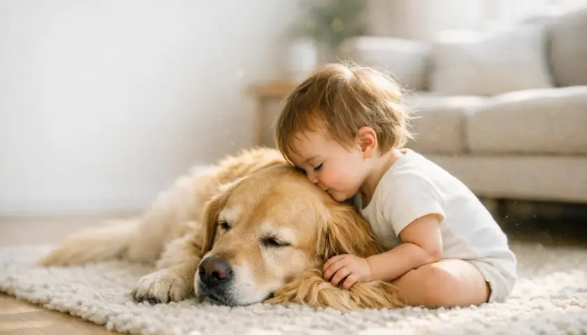 Bambino abbraccia un cane dorato, un'immagine di affetto che non deve far dimenticare le possibili malattie trasmesse dai cani ai bambini.