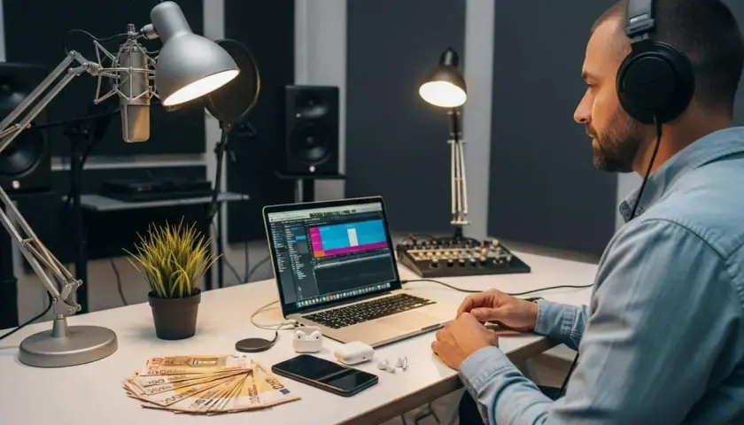 Un musicien travaille dans son studio, avec des billets d'argent sur son bureau, symbolisant la rémunération Spotify par stream.