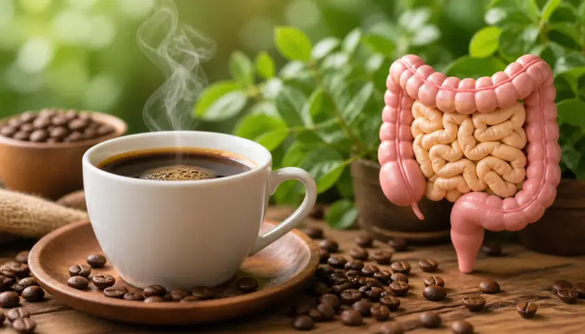 Tazza di caffè fumante accanto a un modello di intestino, con chicchi di caffè sparsi. Un'immagine che evoca il legame tra caffè e stitichezza.