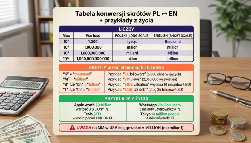 Tabela konwersji skrótów PL ↔ EN. Pokazuje liczby po angielsku powyżej 1000, np. million, billion, trillion, z przykładami z życia.