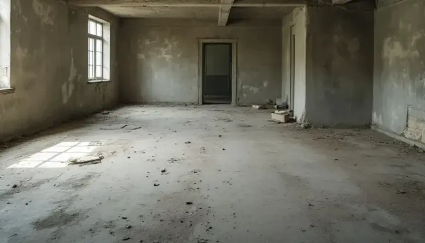 Leeres, staubiges Zimmer mit Fenstern und einer offenen Tür. Die Beton-Decke und die Wände deuten auf einen Altbau hin, der auf Renovierung wartet.