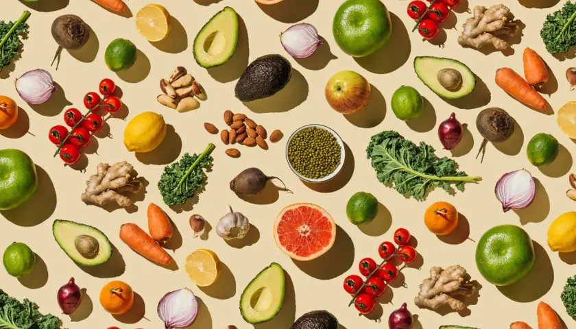 Bunte Vielfalt: Avocados, Karotten, Zitrusfrüchte, Nüsse und grünes Blattgemüse – ideal für eine gesunde Ernährung während der Schwangerschaft.