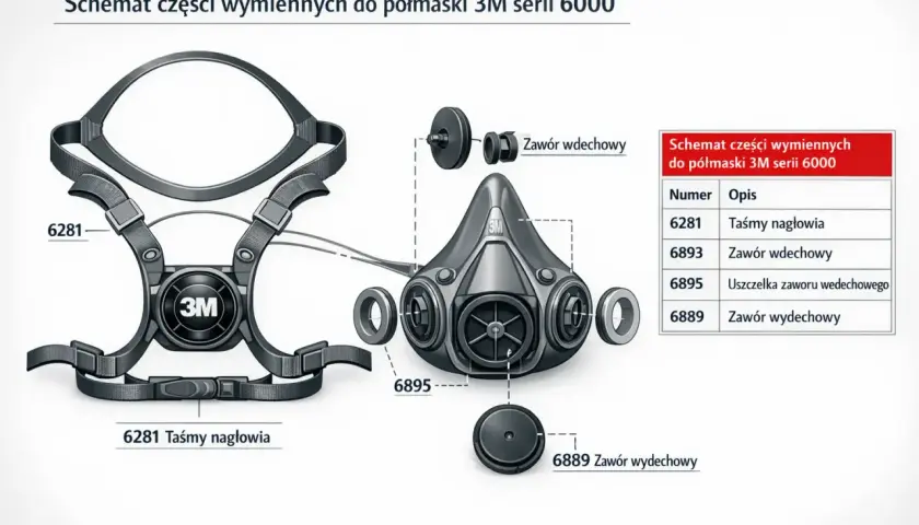 Schemat części zamiennych do półmaski 3M serii 6000: taśmy nagłowia, zawory wdechowe i wydechowe.