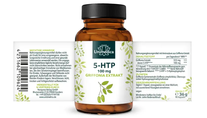 Flasche mit 90 Kapseln 5-HTP aus Griffonia-Extrakt. Die Griffonia-Wirkung wird durch die Aminosäure 5-HTP unterstützt. Vegan.