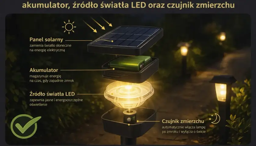 Budowa lampy solarnej: panel, akumulator, LED i czujnik zmierzchu. Czy lampy solarne świecą zimą? Tak, dzięki akumulatorowi.