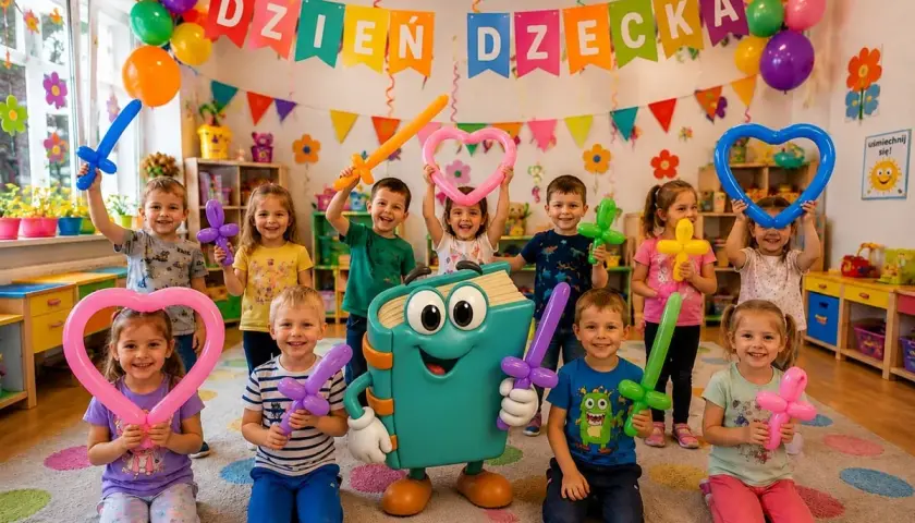 Dzieci z balonami w kształcie mieczy i serc, z maskotką książki, na tle dekoracji "Dzień Dziecka".