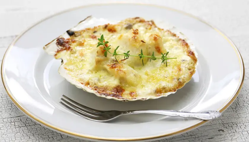 Deliciosas vieiras gratinadas en su concha, cubiertas de queso derretido y doradas, adornadas con una ramita de tomillo.