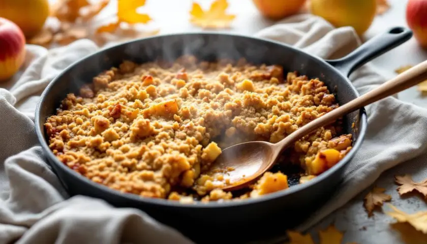 Un délicieux crumble aux pommes tout juste sorti de la poêle, fumant et prêt à être dégusté. Une cuillère en bois attend patiemment.