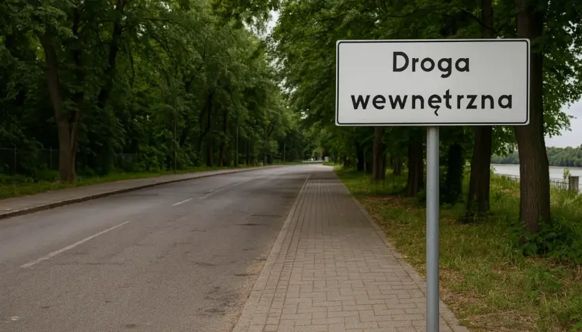 Znak "Droga wewnętrzna" przy alei drzew. Definicja drogi wewnętrznej jest jasna: to droga niepubliczna, zarządzana przez właściciela terenu.