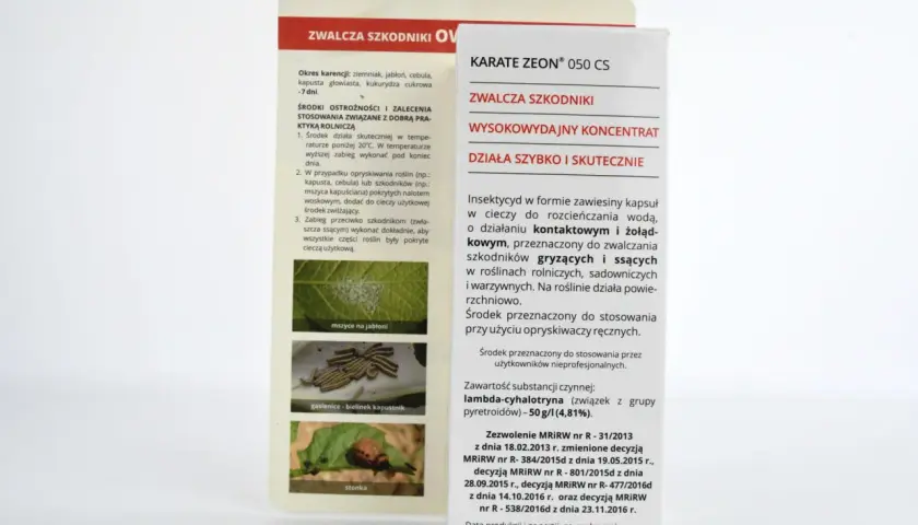 Karate Zeon 050 CS dawkowanie: insektycyd na gryzące i ssące szkodniki. Stosować opryskiwaczem ręcznym. Zwalcza mszyce, gąsienice, stonkę.