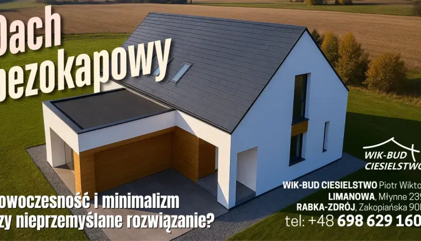 Nowoczesny dom z dachem bezokapowym, podkreślający minimalizm i innowacyjną konstrukcję.