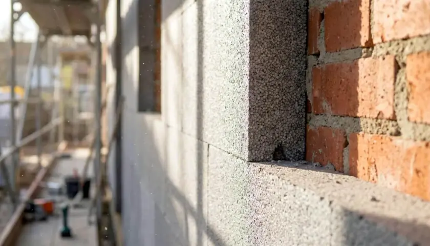 Budowa domu: ściana z bloczków styropianowych i cegły, rusztowanie w tle.