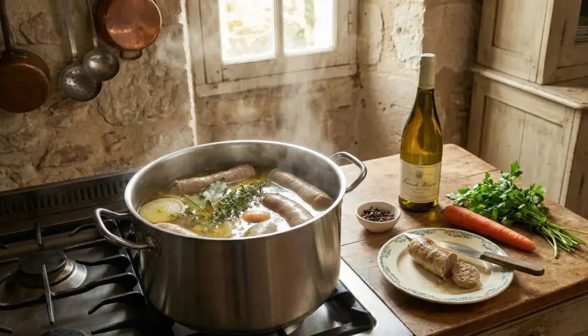 Une andouillette rotie, prête à être dégustée, mijote dans une cocotte avec des aromates. Une bouteille de vin blanc et des légumes complètent la scène.