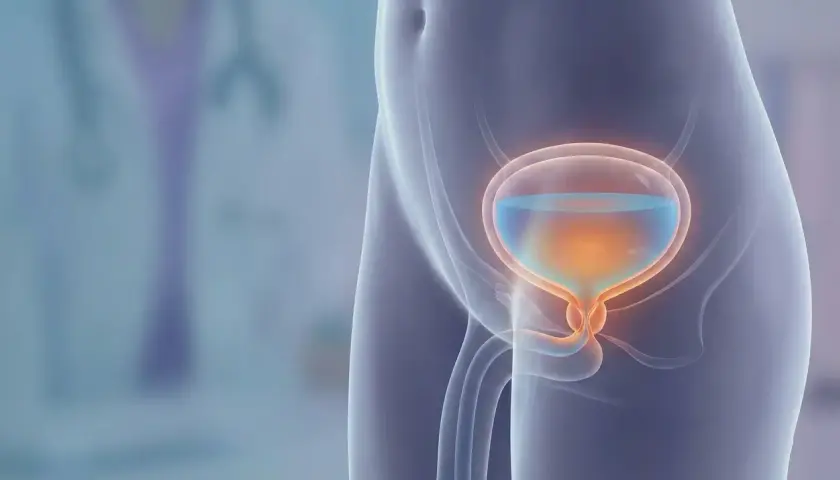 Illustrazione anatomica della vescica piena, con accenni a possibili rimedi naturali per svuotare la vescica.
