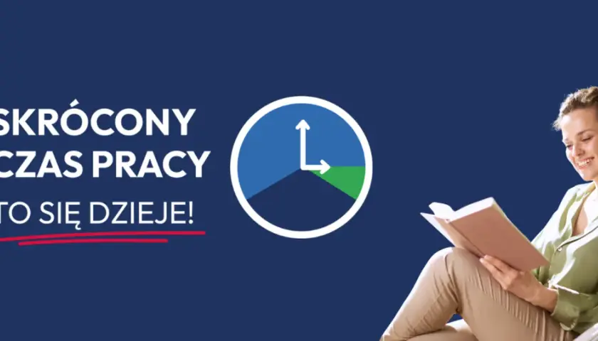 Skrócony czas pracy to się dzieje! Uśmiechnięta kobieta czyta książkę, obok zegar symbolizujący wolny czas.