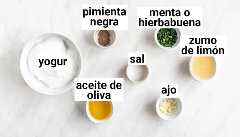 Ingredientes para una deliciosa salsa de yogur: yogur, aceite de oliva, ajo, sal, pimienta negra, menta o hierbabuena y zumo de limón.