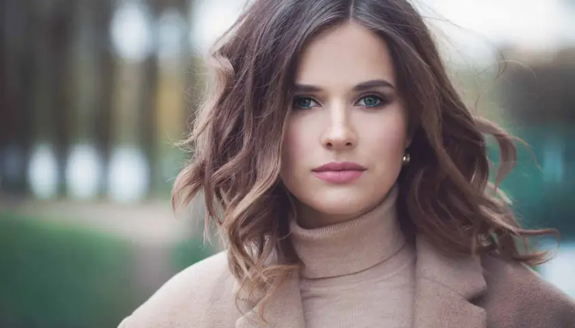 Mujer con peinados media melena modernos, ondas suaves y un abrigo beige.