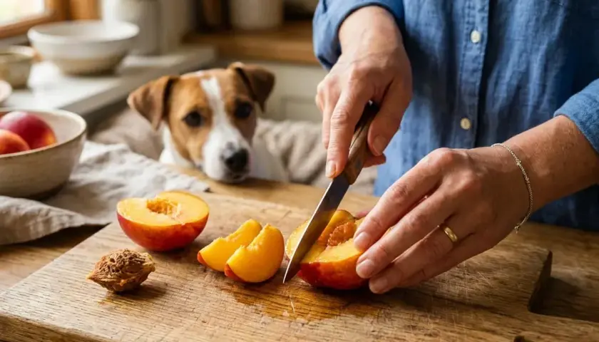 A person cuts nectarines on a wooden board, while a Jack Russell terrier watches, perhaps wondering if dogs have nectarines.