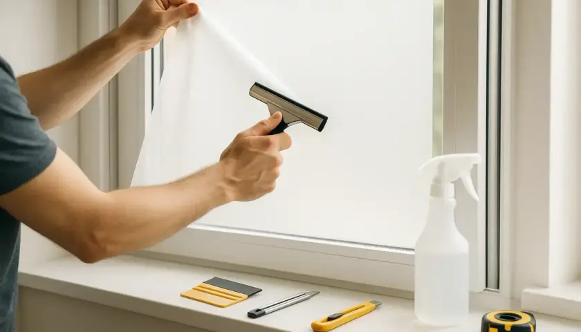 Mann bringt Fensterfolie an, glättet sie mit einem Rakel. Werkzeuge wie Cutter, Sprühflasche und Maßband liegen bereit.
