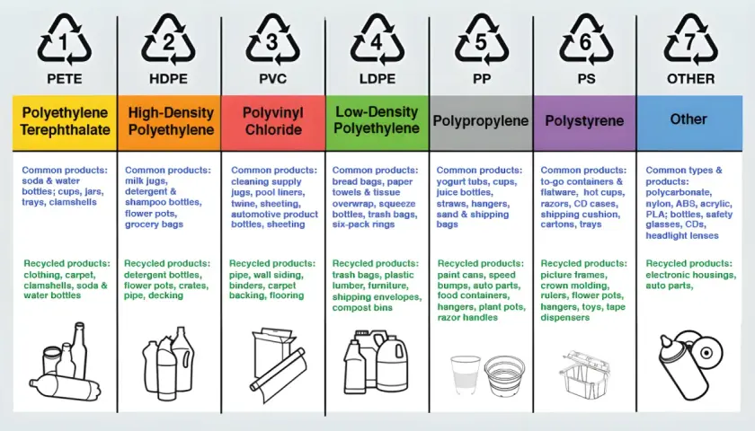 Symbole na pojemnikach plastikowych: PETE, HDPE, PVC, LDPE, PP, PS, OTHER. Poznaj ich zastosowanie i recykling.
