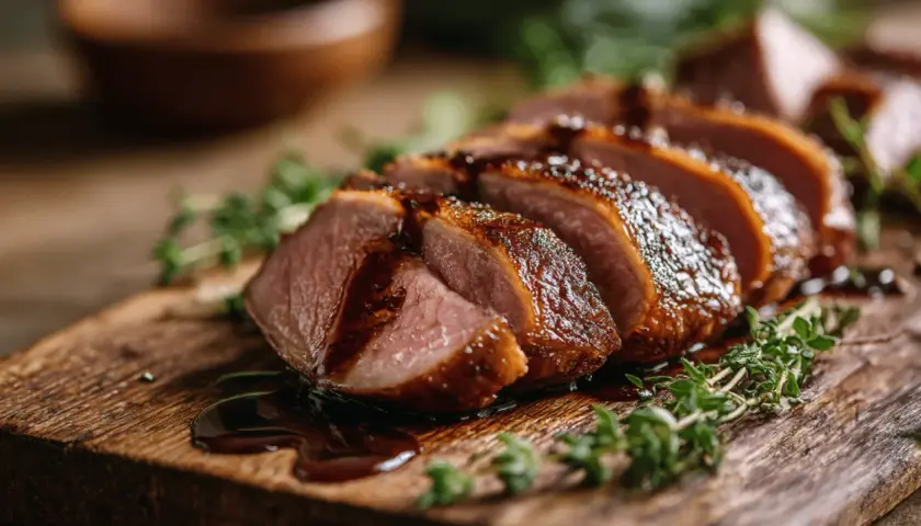 Tranches de magret de canard juteux, nappées d'une sauce brillante, disposées sur une planche en bois rustique avec des herbes fraîches.