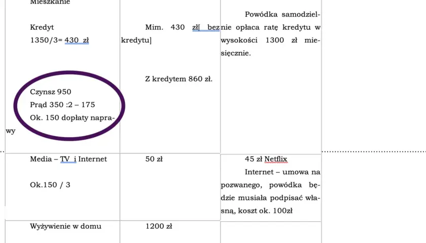 Tabela przedstawia koszty utrzymania, w tym ratę kredytu mieszkaniowego, czynsz, prąd, media i wyżywienie. Pokazuje, ile się płaci alimentów w kontekście tych wydatków.