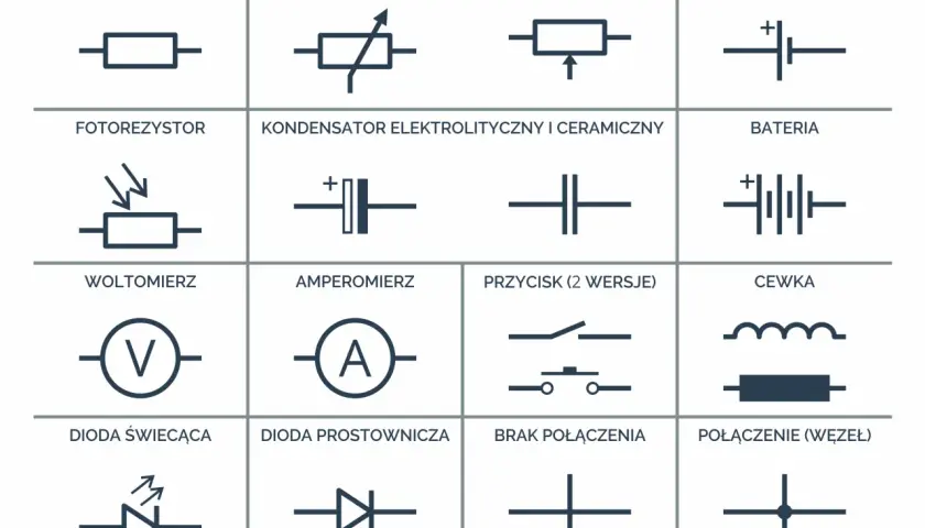 Schemat symboli elementów elektronicznych: cewka, rezystor, kondensator, bateria, dioda, woltomierz, amperomierz.