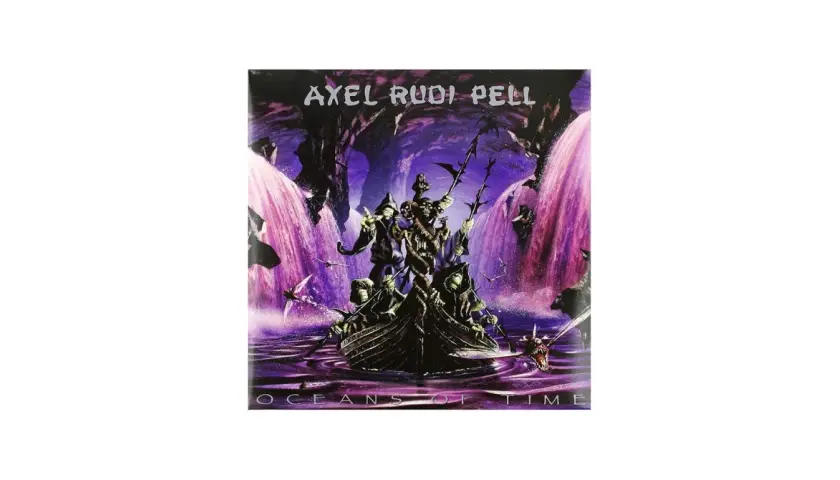 Okładka albumu "Oceans of Time" Axela Rudiego Pella. Mroczna łódź z postaciami w kapturach płynie przez fioletowe wodospady.