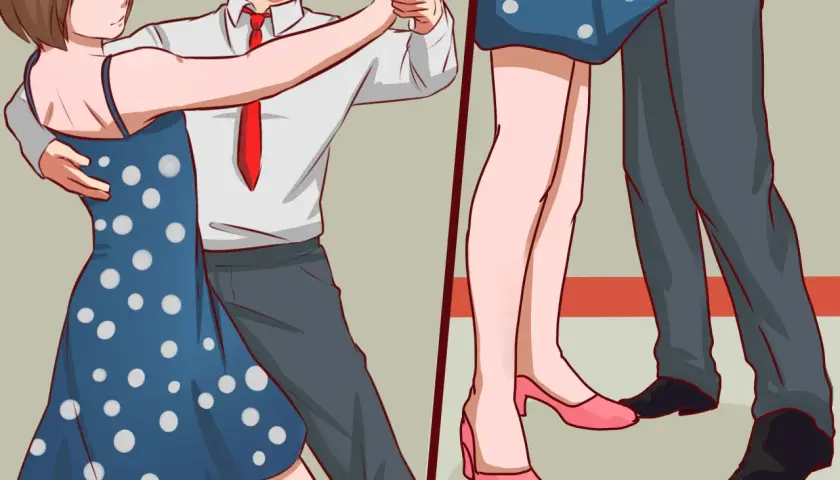 Coppia che balla il samba, lei con un vestito blu a pois, lui con camicia bianca e cravatta rossa. I loro piedi si muovono con grazia.