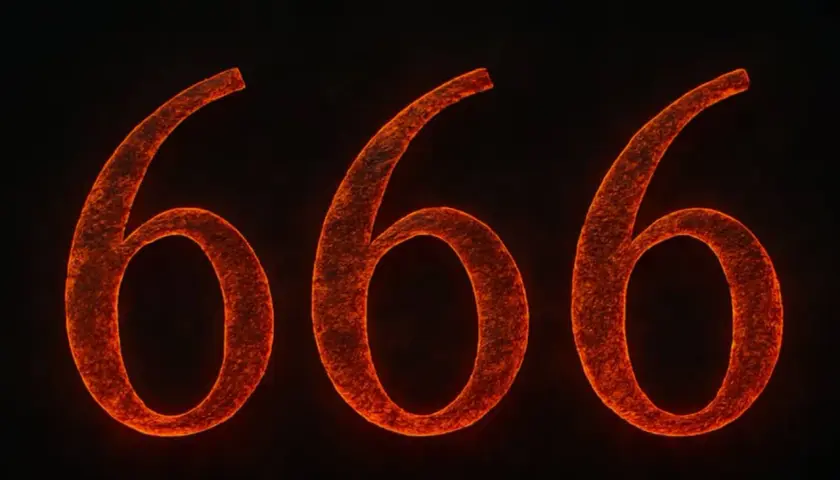 Pomarańczowe, żarzące się cyfry 666 na czarnym tle.