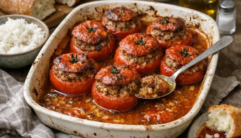 Un plat de tomates farcies appétissantes, garnies d'une farce savoureuse, baignant dans une sauce rouge. Une cuillère en argent prélève une portion généreuse.