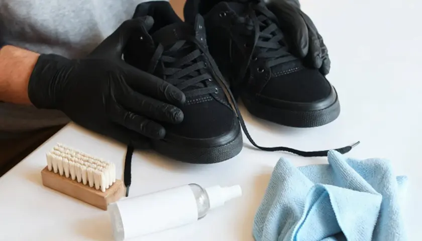 Manos enguantadas limpian zapatos negros con cepillo y spray.