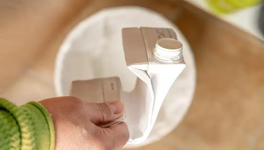 Ręka trzyma pusty karton po mleku, gotowa do wyrzucenia. Pytanie brzmi: gdzie wyrzucić karton po mleku?