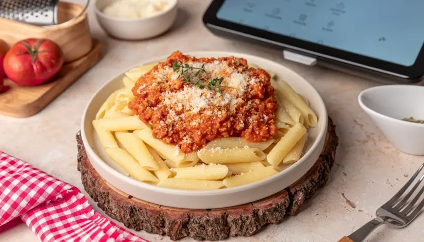 Plato de macarrones a la boloñesa, con queso rallado y hierbas frescas. Ingredientes frescos y una tablet con recetas en el fondo.
