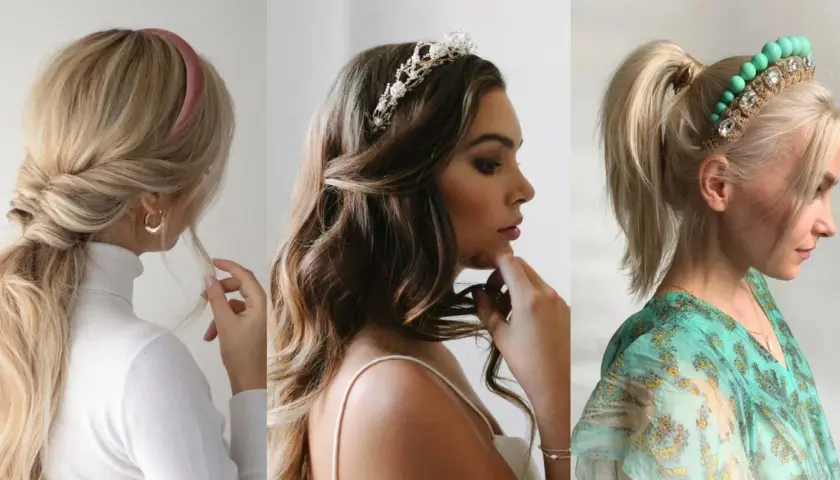 Tres peinados con diadema: una coleta baja trenzada, cabello suelto con tiara y coleta alta con diadema de cuentas.
