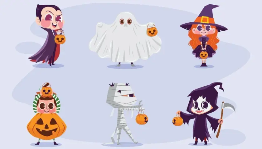 Dibujo de Halloween con niños disfrazados de vampiro, fantasma, bruja, calabaza, momia y parca, listos para pedir truco o trato.