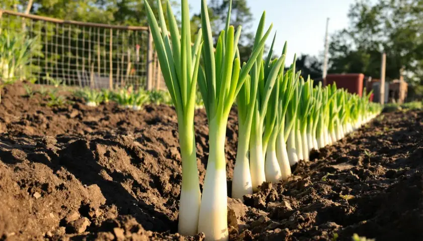Des jeunes poireaux prêts à repiquer, alignés dans la terre fraîche d'un potager. Le soleil éclaire leurs tiges vertes et blanches.