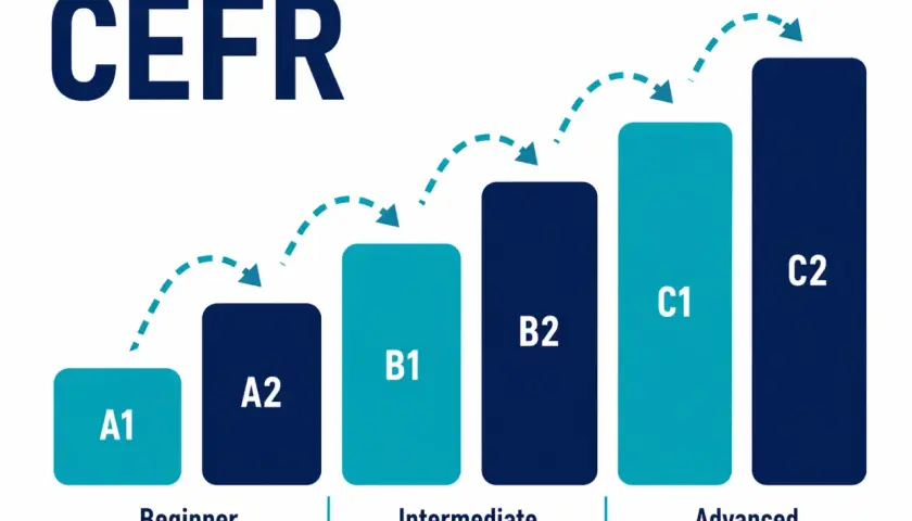 Wykres CEFR pokazuje ścieżkę rozwoju językowego: od A1 (początkujący) do C2 (poziom zaawansowany angielski).