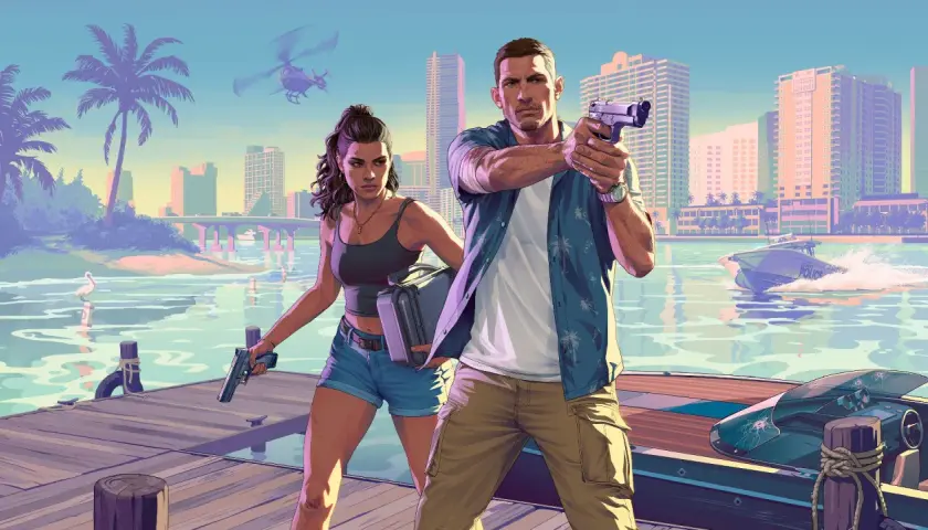 Para, z pistoletem i walizką, na tle miasta i policyjnej łodzi. Kiedy ma wyjść GTA 6?
