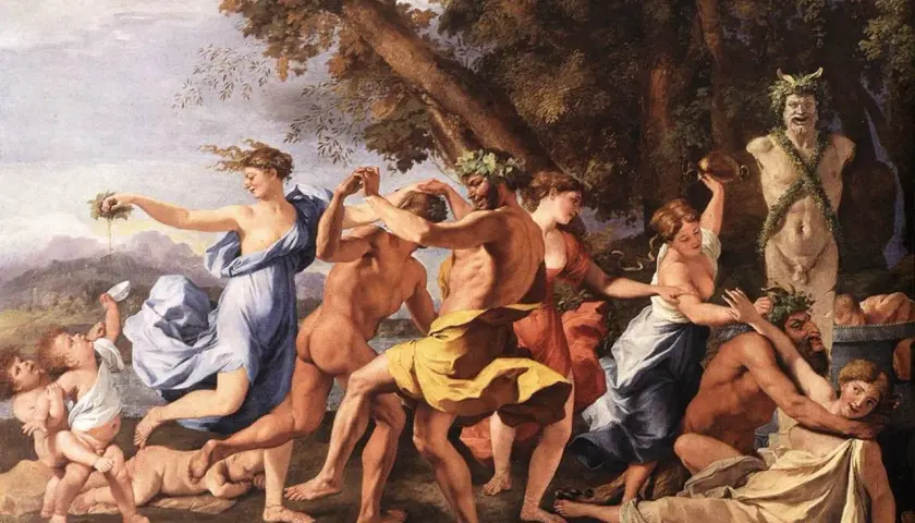 Taniec bachantek i satyrów, inspirowany antykiem, w stylu **classicism**. Dzieci bawią się w tle.