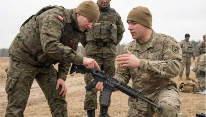 Żołnierze, w tym polscy i amerykańscy, ćwiczą obsługę broni. Dwóch żołnierzy w wojsku omawia szczegóły karabinu.