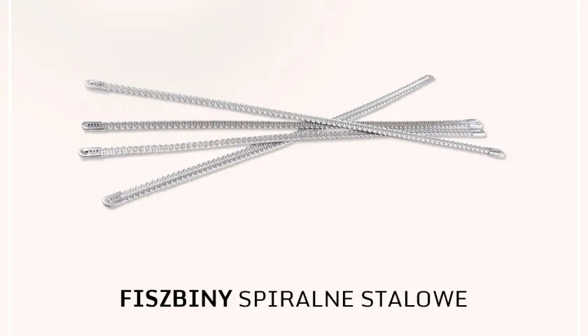 Kilka spiralnych, stalowych fiszbinów ułożonych na jasnym tle.