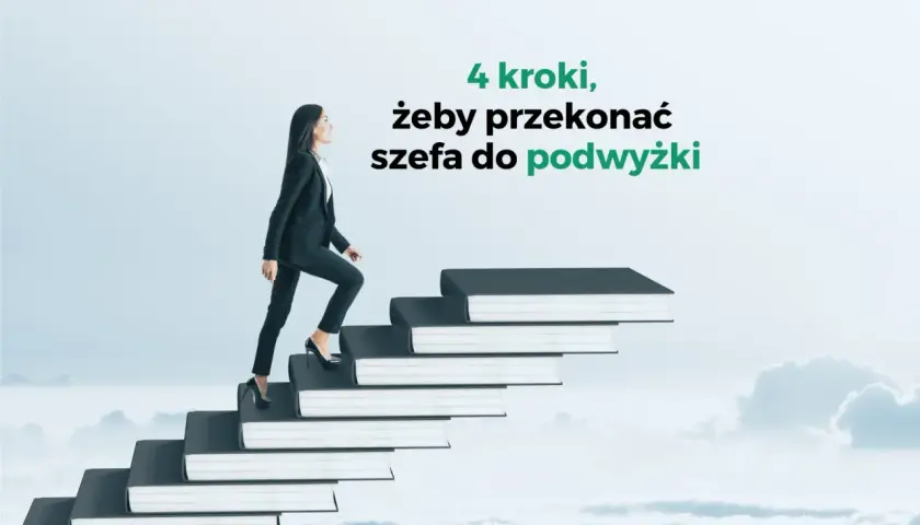 Kobieta w garniturze wspina się po schodach z książek, symbolizując 4 kroki do przekonania szefa o argumentach za podwyżką.