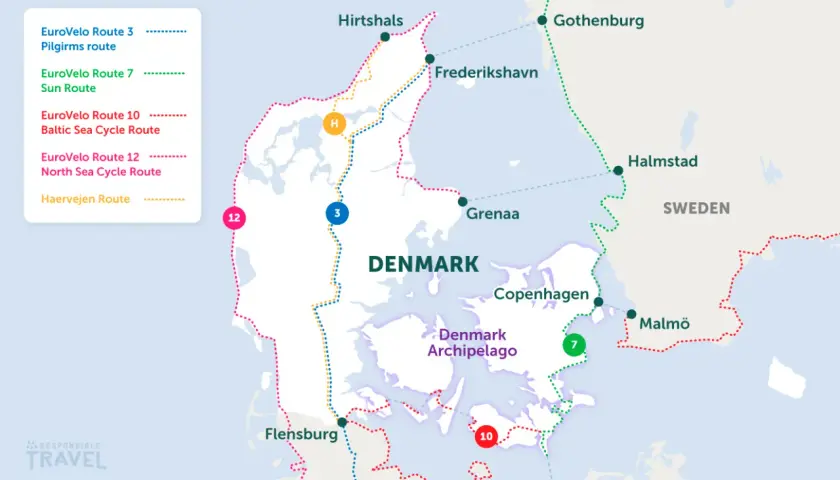 Map showing various cycling routes across Denmark, perfect for a bike trip Denmark adventure. Routes include EuroVelo 3, 7, 10, 12, and Haervejen.