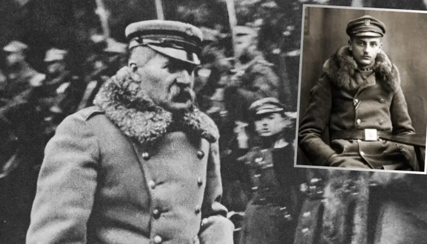 Dwaj mężczyźni w mundurach wojskowych, jeden z wąsami, drugi siedzący.