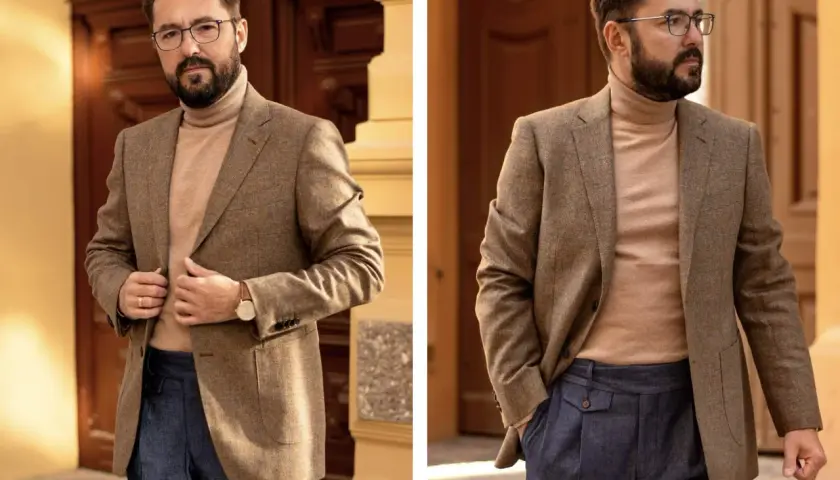 Elegancki mężczyzna w tweedowej marynarce i golfie prezentuje stylowe golf męski stylizacje.